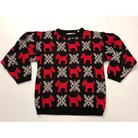Vintage 1980s Scottie Dog Snowflake Knit Sweater Ladies SMALL Black Red - Picture 1 of 4